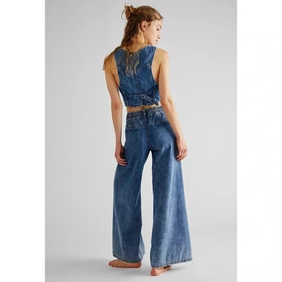 NWT Free People Rider Denim Vest Ser Pants Matching Jean Two Piece Blue Medium - Picture 3 of 17